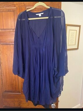 Navy Blue Sheer V-Neck Flowing Tunic Dress